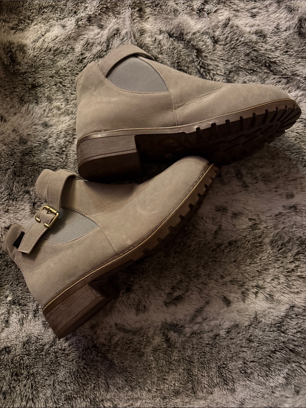 Women’s Taupe Suede Ankle Booties with Buckle Strap